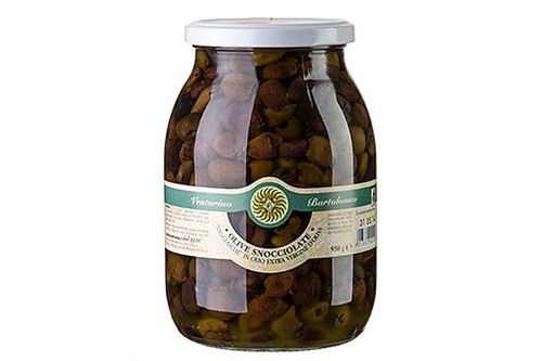 Venturino Oliven Mischung, grüne schwarze Taggiasca-Oliven, ohne Kern, in Öl, 950g