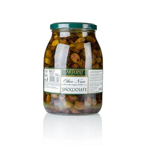 Schwarze Oliven, ohne Kern (Snocciolate), in Olivenöl, Ardoino, 930 g