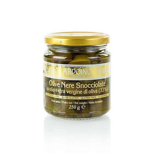 Schwarze Oliven, ohne Kern (Snocciolate), in Olivenöl, Ardoino, 250 g